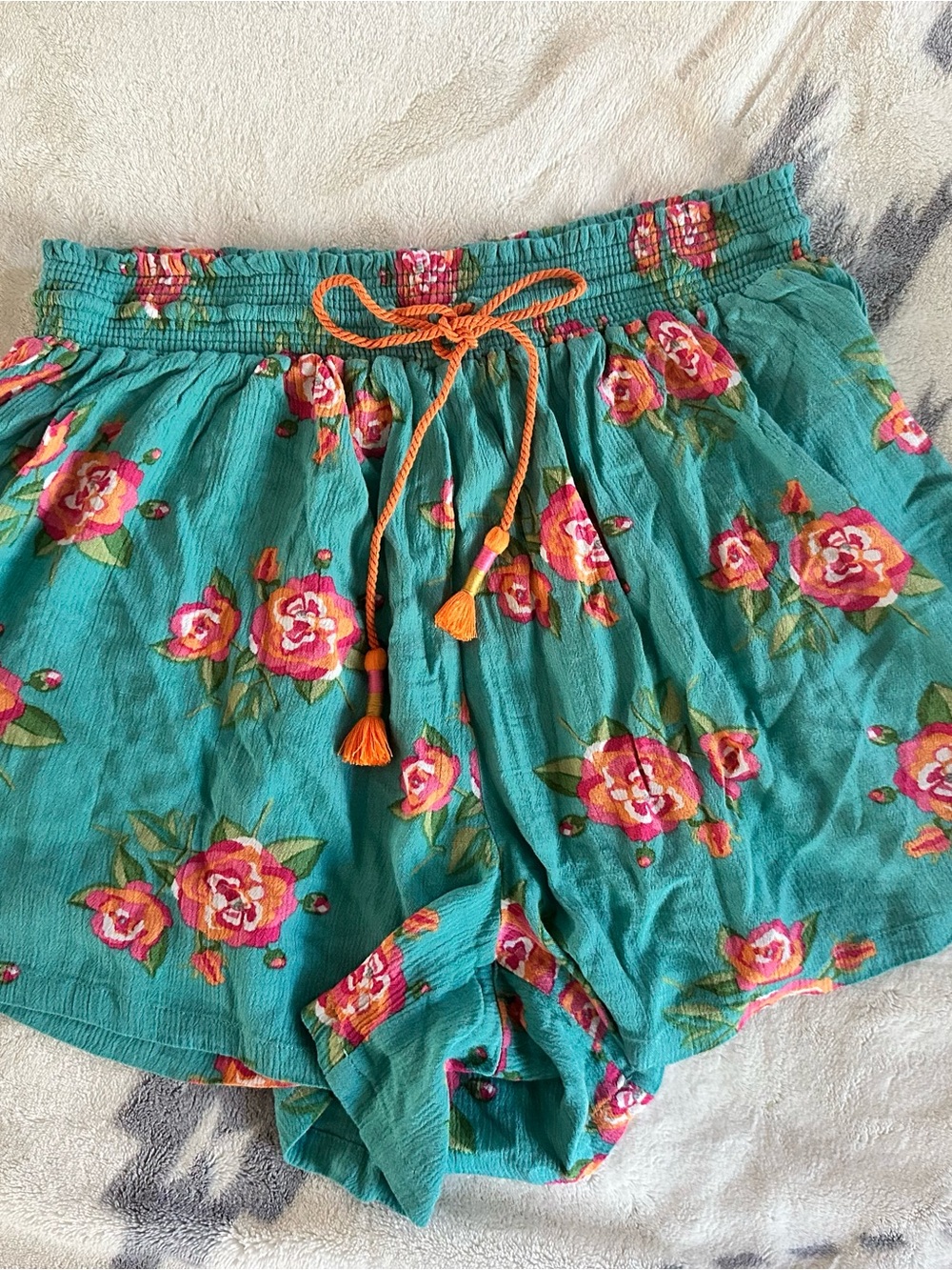 Matilda Jane Teal Floral High-Waist Shorts with Orange Drawstring